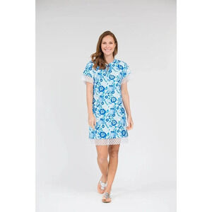 Sail to Sable Hydrangea Print‎ Shift Dress Size 10 Blue Floral Lace Trim Beachy